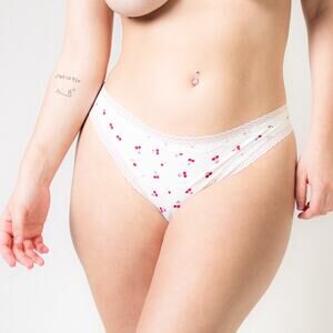 Cherry Print Lace Mid Rise Thong Panties
